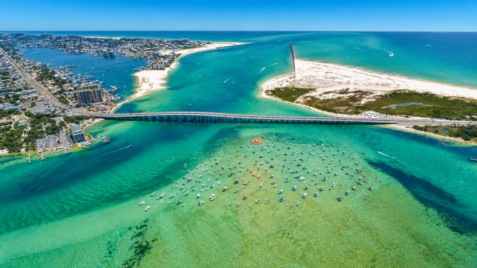 Aerial view of boats gathering at Crab Island near Destin, Florida