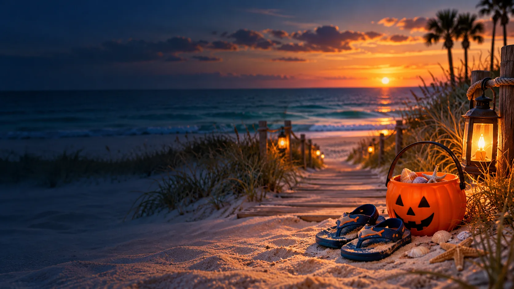 Illustration of a pumpkin candy bucket and children's sandals beside the Destin beach at sunset