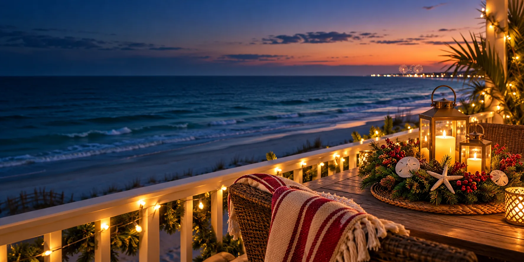 Illustration of a festive Gulf-view balcony with lights and distant fireworks